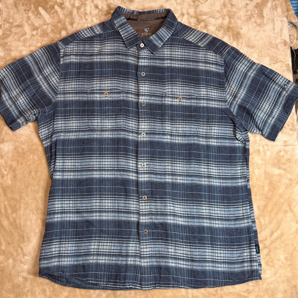 Kühl Mens XL Short Sleeve Plaid Button Down Shirt Blue Gray Born in the Mountain